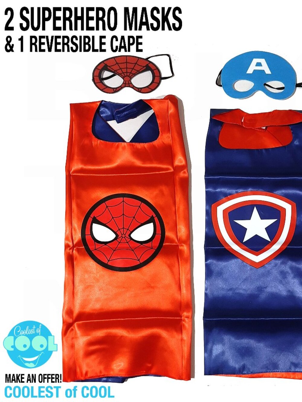 Childs Superhero mask set 1 reversible satin cape 2 Spiderman & Captain America